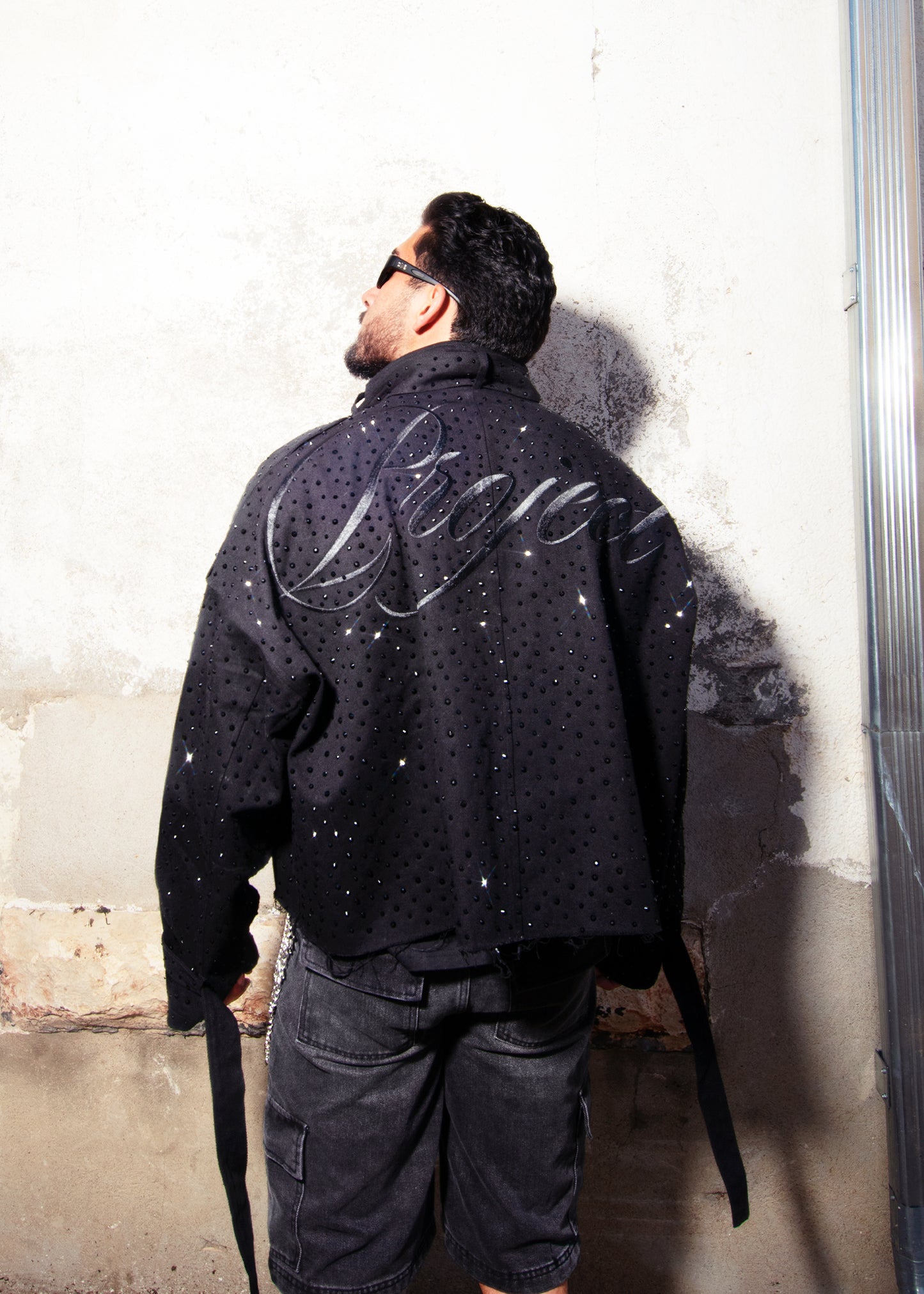 DISTRESSED RHINESTONE ZIP UP